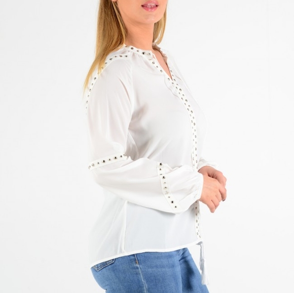 Stud Trim Crepe Top White - Picture 3 of 4